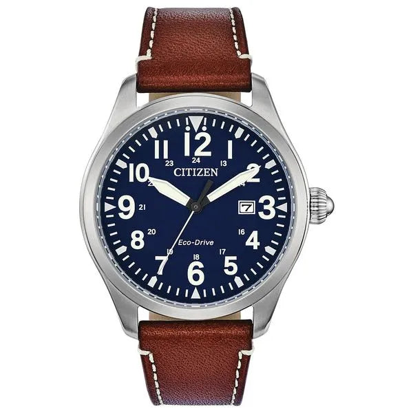 Weekender Garrison | Citizen Eco-Drive Stainless Steel Watch | Blue Dial Arabic Numerals | Leather Strap Field Watch - Brownee Jewelers