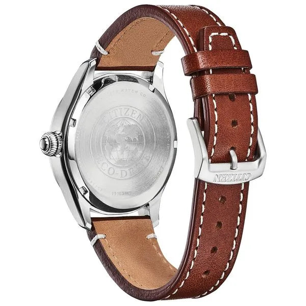 Weekender Garrison | Citizen Eco-Drive Stainless Steel Watch | Blue Dial Arabic Numerals | Leather Strap Field Watch - Brownee Jewelers