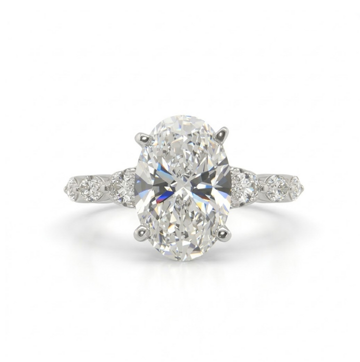 Oval Lab-Grown Diamond Ring | 14K White Gold | Engagement Ring | 3.33 ct Center | 4.07 ctw | VS1 F | Marquise & Round Accents - Brownee Jewelers
