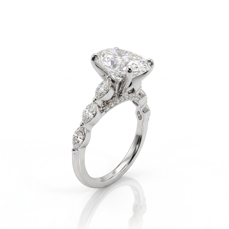 Oval Lab-Grown Diamond Ring | 14K White Gold | Engagement Ring | 3.33 ct Center | 4.07 ctw | VS1 F | Marquise & Round Accents - Brownee Jewelers