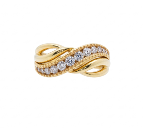 Diamond X Crossover Band | 10K Two-Tone Gold | 0.36 ctw Round Diamonds | Diagonal Pavé Statement Ring - Brownee Jewelers