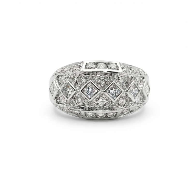 Princess & Round Diamond Band Ring | 14K White Gold | Geometric Pavé Design | Diamond Fashion Ring - Brownee Jewelers
