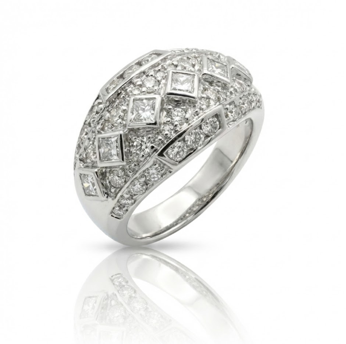 Princess & Round Diamond Band Ring | 14K White Gold | Geometric Pavé Design | Diamond Fashion Ring - Brownee Jewelers