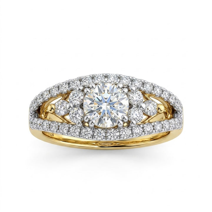 Round Diamond Halo Engagement Ring | 14K Yellow Gold | Round Diamond Center with 42 Round Diamond Accents | Split-Shank Halo Design - Brownee Jewelers