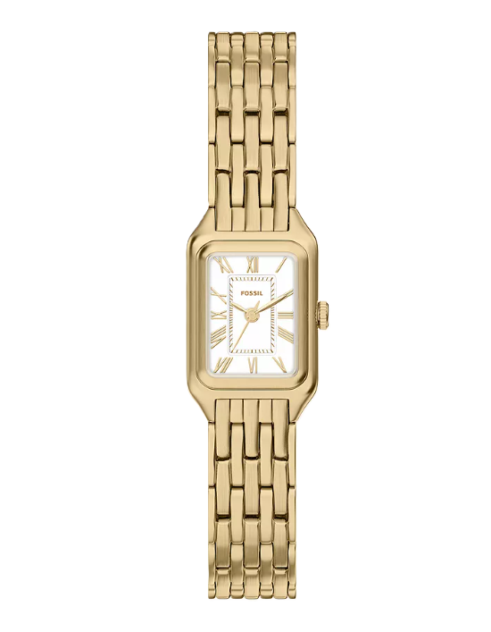Raquel Mini Three-Hand Watch | Fossil | Gold-Tone Stainless Steel | White Dial | Rectangular Case - Brownee Jewelers