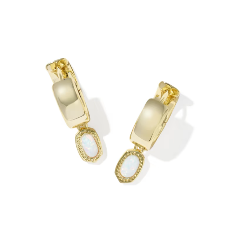 Mini Ellie Gold Wide Huggie Earrings Bright White Opal