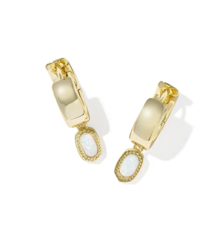 Mini Ellie Gold Wide Huggie Earrings | Gold-Plated Metal | Bright White Opal | Dangle Huggie Design - Brownee Jewelers