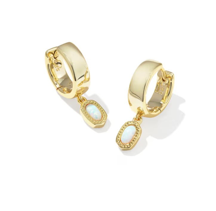 Mini Ellie Gold Wide Huggie Earrings Bright White Opal
