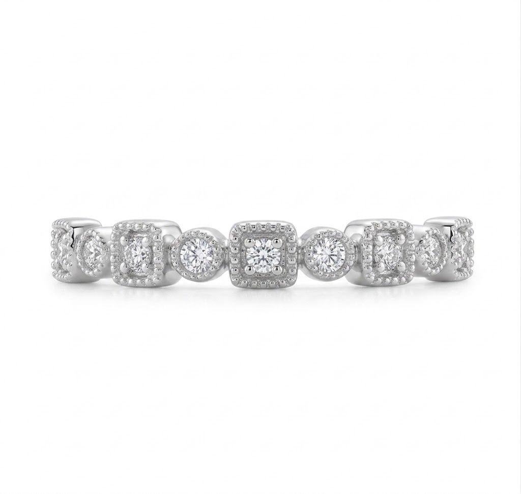 14K White Gold Round Diamond Alternating Round and Square Station Stack Ring