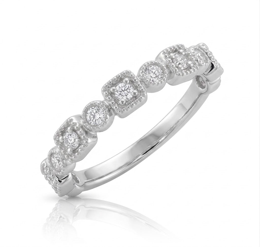 14K White Gold Round Diamond Alternating Round and Square Station Stack Ring