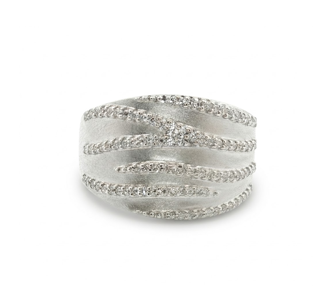 Pavé Diamond Wave Band | 14K White Gold | Wide Multi-Row Ring | Diamond Fashion Band - Brownee Jewelers