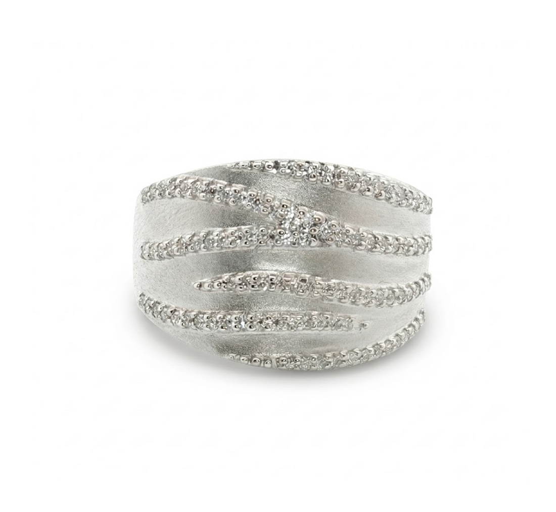 Pavé Diamond Wave Band | 14K White Gold | Wide Multi-Row Ring | Diamond Fashion Band - Brownee Jewelers