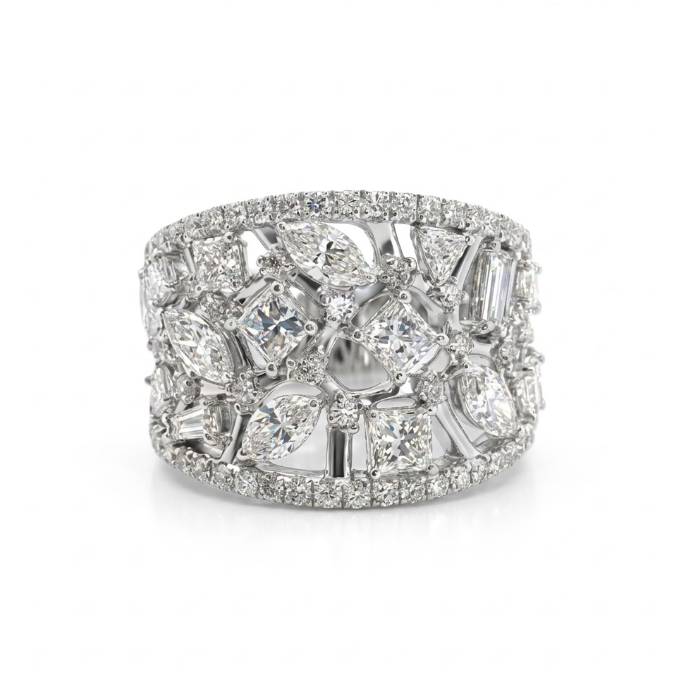 Multi-Shape Diamond Wide Band | 14K White Gold | Marquise, Round, Princess, Trillion & Baguette | Statement Ring - Brownee Jewelers