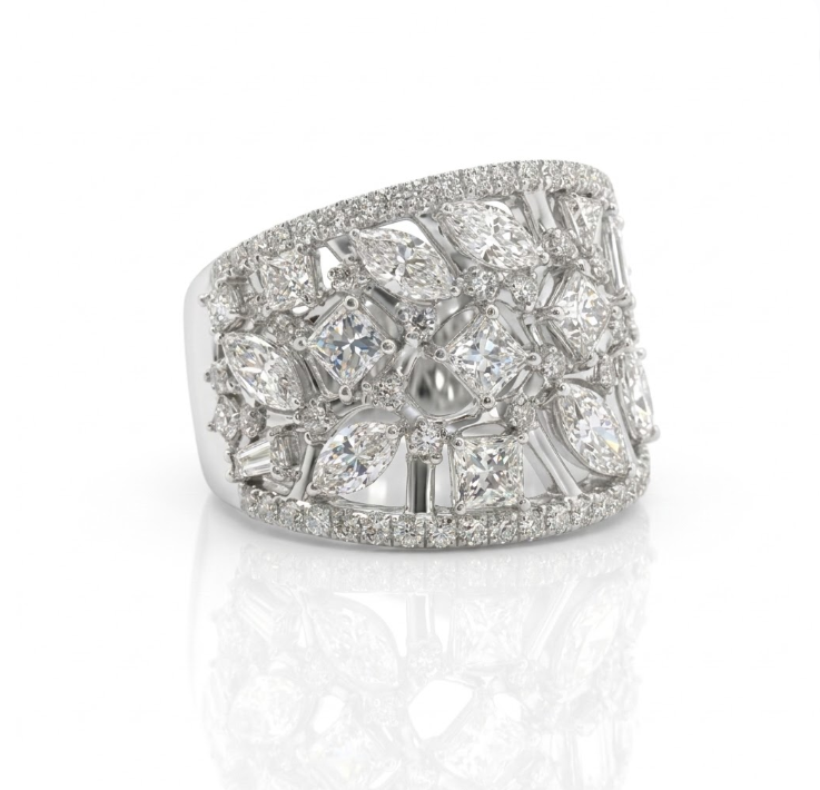 Multi-Shape Diamond Wide Band | 14K White Gold | Marquise, Round, Princess, Trillion & Baguette | Statement Ring - Brownee Jewelers