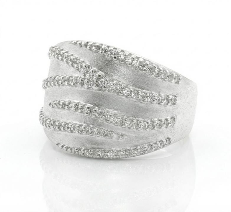 Pavé Diamond Wave Band | 14K White Gold | Wide Multi-Row Ring | Diamond Fashion Band - Brownee Jewelers