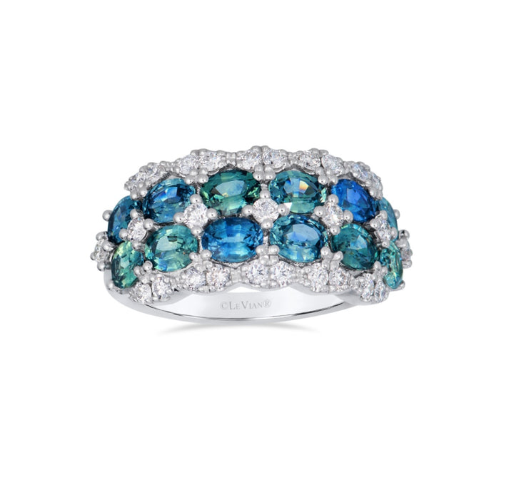 3 TOTAL CARAT WEIGHT ROUND BLUE AND GREEN MONTANA SAPPHIRES WITH .56 TOTAL CARAT WEIGHT ROUND DIAMOND WIDE RING