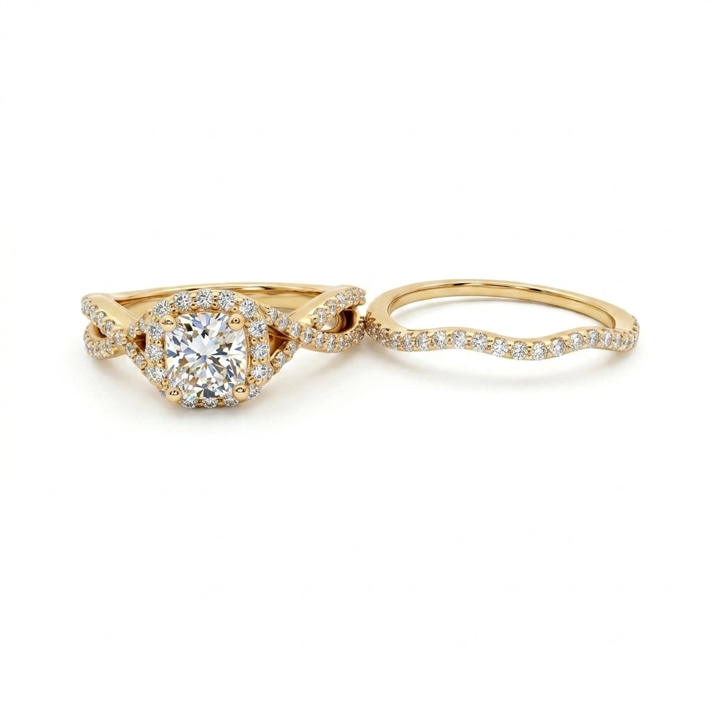 Cushion Cut Diamond Halo Bridal Set | 14K Yellow Gold | Twisted Pavé Engagement Ring Set | Approx. 1 CT Center - Brownee Jewelers