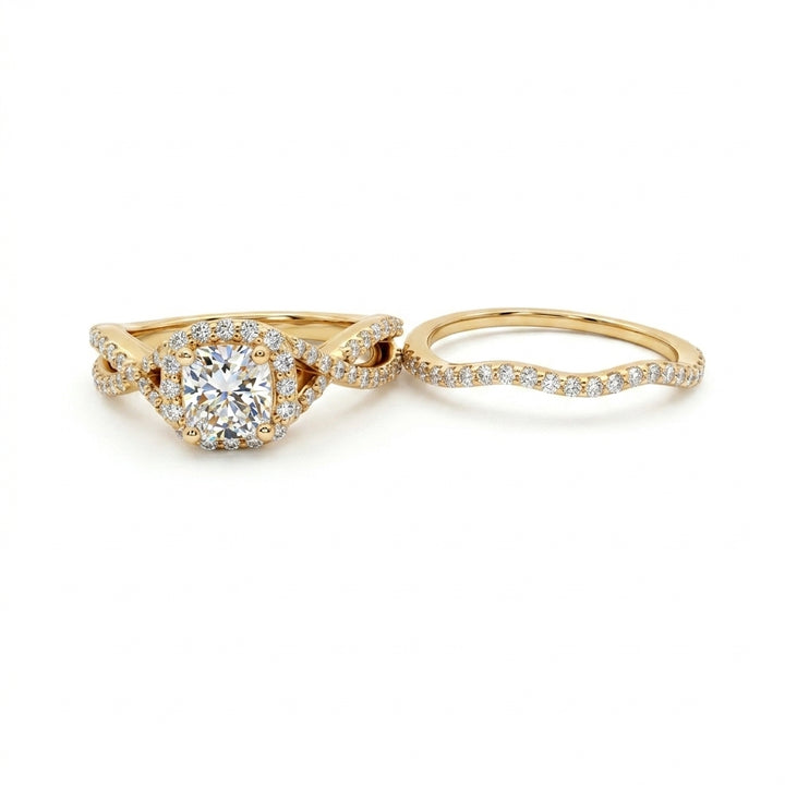 Cushion Cut Diamond Halo Bridal Set | 14K Yellow Gold | Twisted Pavé Engagement Ring Set | Approx. 1 CT Center - Brownee Jewelers