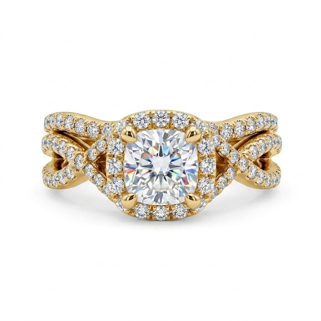 Cushion Cut Diamond Halo Bridal Set | 14K Yellow Gold | Twisted Pavé Engagement Ring Set | Approx. 1 CT Center - Brownee Jewelers
