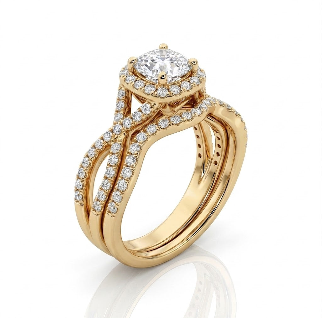 Cushion Cut Diamond Halo Bridal Set | 14K Yellow Gold | Twisted Pavé Engagement Ring Set | Approx. 1 CT Center - Brownee Jewelers