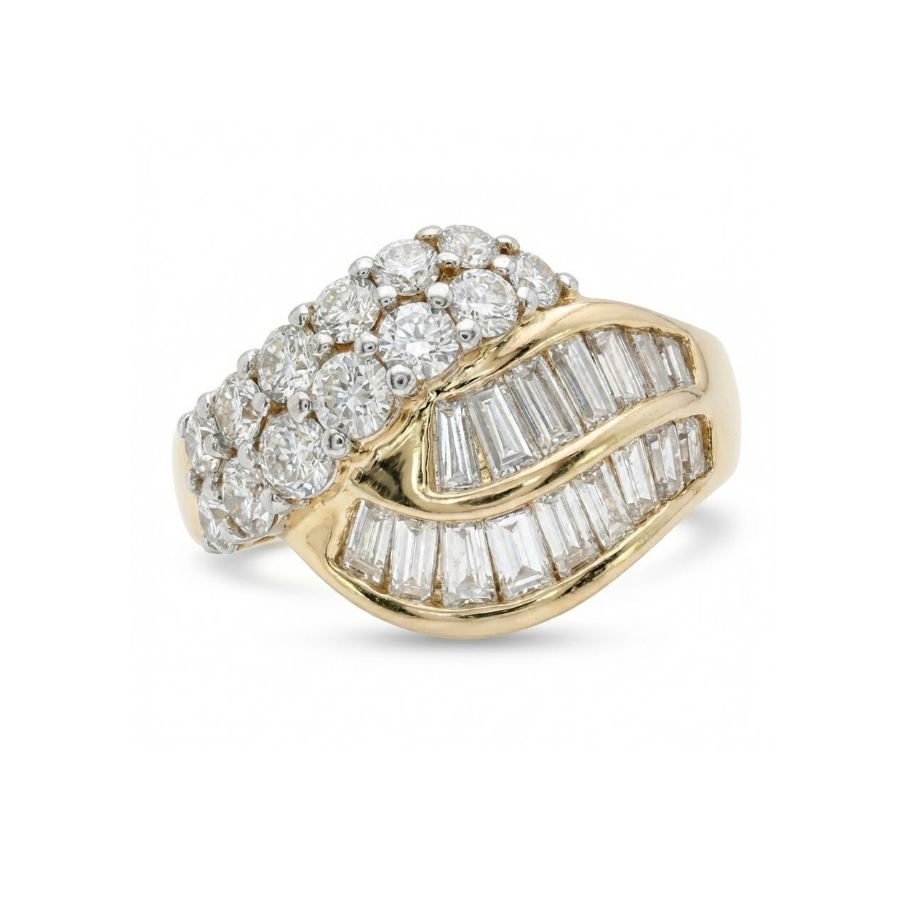 2.40 ctw Round & Baguette Diamond Ring | Multi-Row Cluster | 18K Yellow Gold - Brownee Jewelers