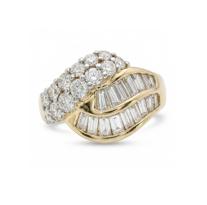 2.40 ctw Round & Baguette Diamond Ring | Multi-Row Cluster | 18K Yellow Gold - Brownee Jewelers