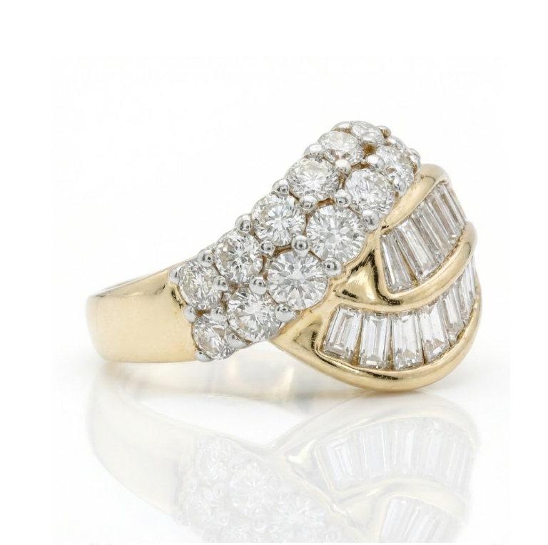 2.40 ctw Round & Baguette Diamond Ring | Multi-Row Cluster | 18K Yellow Gold - Brownee Jewelers