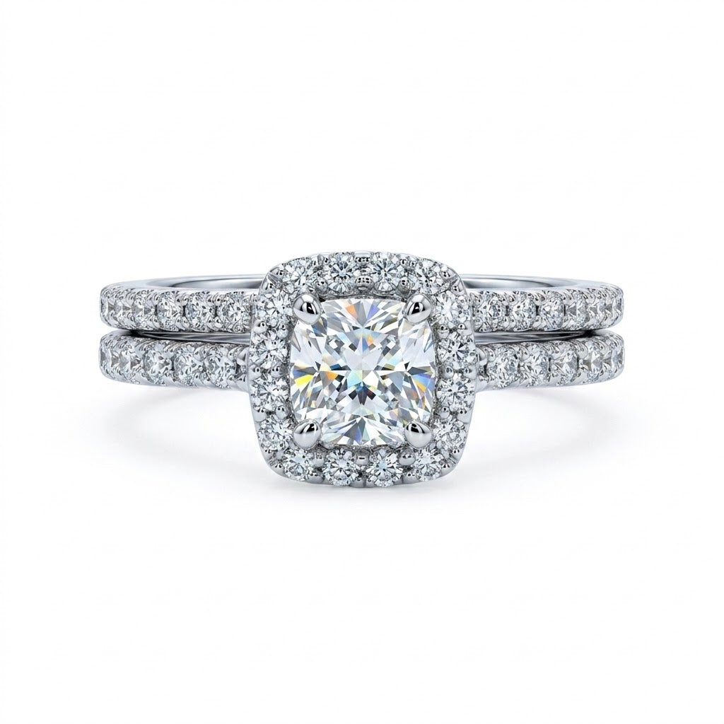Cushion Cut Diamond Halo 0.62 CT Center Diamond Bridal Set