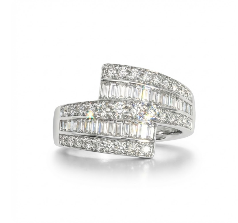 Baguette & Round Diamond Diamond Wrap Ring | 18K White Gold | Multi-Row Diamond Ring | Statement Wrap Design - Brownee Jewelers