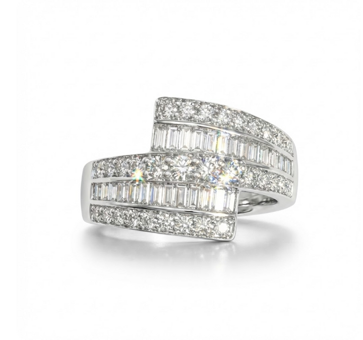 Baguette & Round Diamond Diamond Wrap Ring | 18K White Gold | Multi-Row Diamond Ring | Statement Wrap Design - Brownee Jewelers