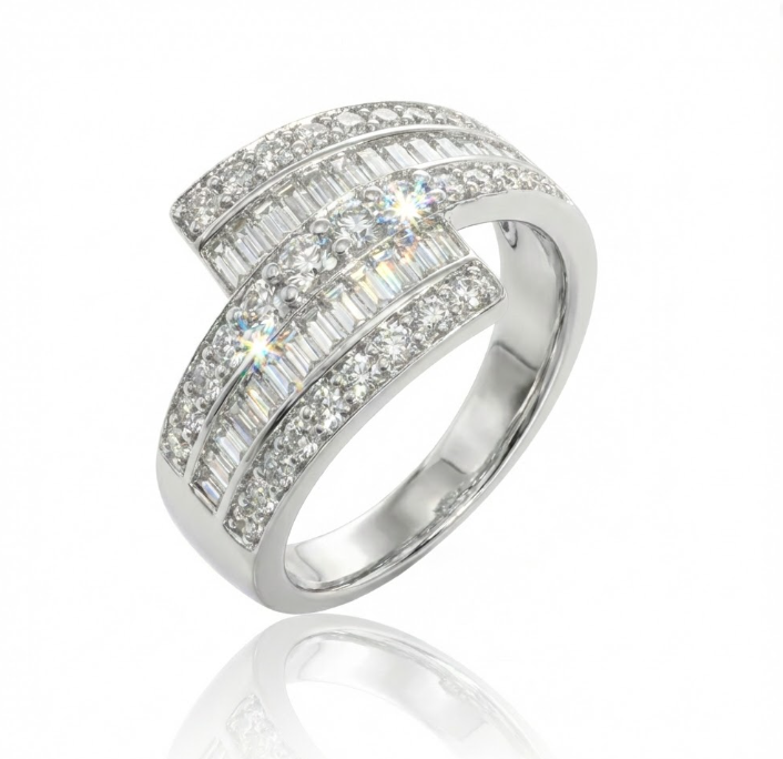 Baguette & Round Diamond Diamond Wrap Ring | 18K White Gold | Multi-Row Diamond Ring | Statement Wrap Design - Brownee Jewelers