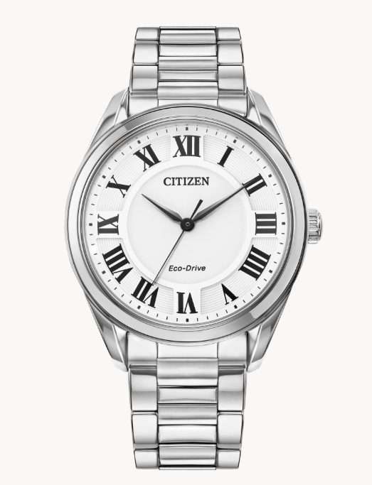 Citizen Arezzo | Ladies Eco-Drive Watch | Silver Stainless Steel | White Dial | Roman Numeral Markers | EM0970-53A - Brownee Jewelers