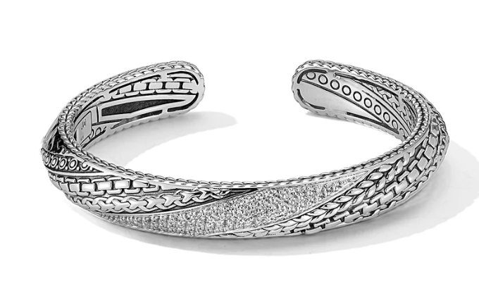 Our Sterling Silver Master Artisan & Gemstone Hinged Cuff Bangle, measuring 10mm in surface width, features our classic textured design - Brownee Jewelers