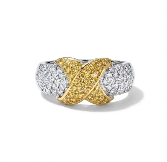 Two-Tone Diamond X Ring | 0.85 ctw | 18K Yellow & White Gold | Pavé Diamond Crossover Ring - Brownee Jewelers