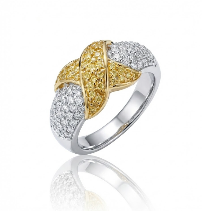 Two-Tone Diamond X Ring | 0.85 ctw | 18K Yellow & White Gold | Pavé Diamond Crossover Ring - Brownee Jewelers