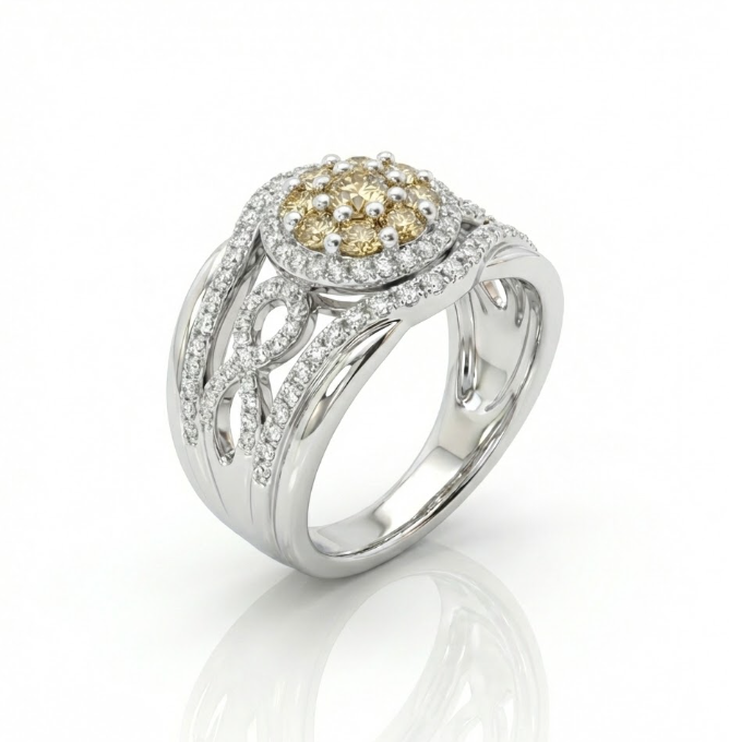Brown & White Diamond Halo Ring | 0.26 ct Center | 14K White Gold | Split Shank Cluster Design - Brownee Jewelers