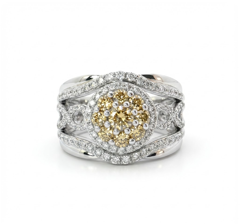 Brown & White Diamond Halo Ring | 0.26 ct Center | 14K White Gold | Split Shank Cluster Design - Brownee Jewelers