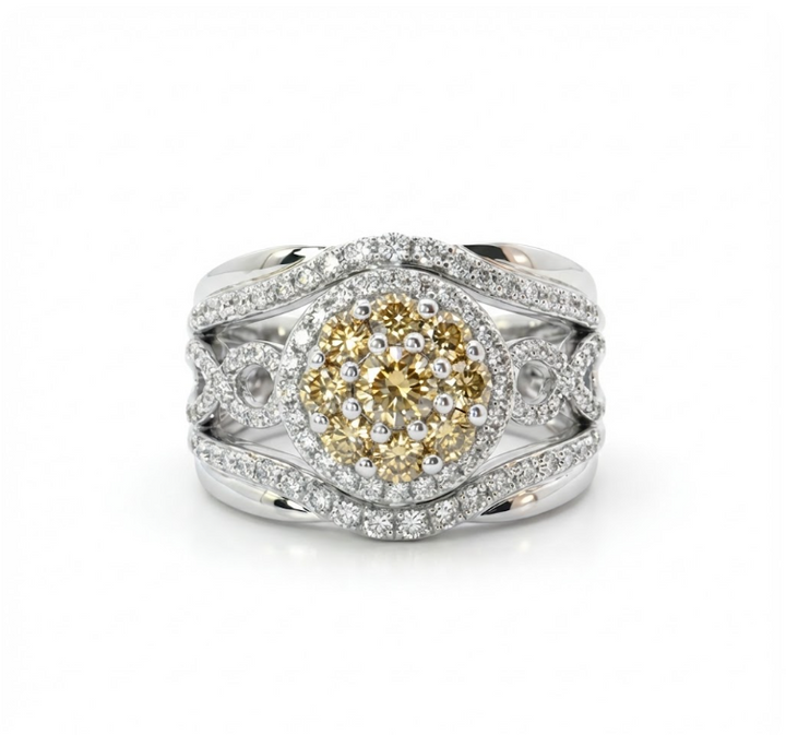 Brown & White Diamond Halo Ring | 0.26 ct Center | 14K White Gold | Split Shank Cluster Design - Brownee Jewelers