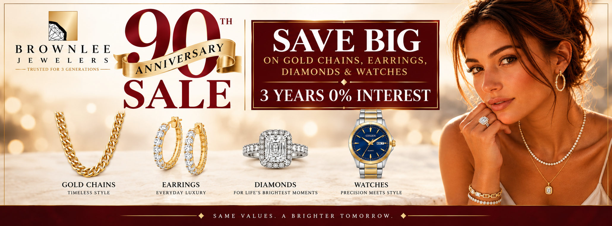 Brownlee Jewelers 90th Anniversary Sale — save big on gold chains, earrings, diamonds and watches, with 3 years 0% interest financing. Trusted for 3 generations.